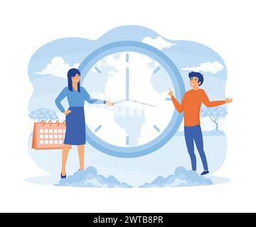 World time zones. International time and date. Big clock showing local time. Tiny business people worldwide. flat vector modern illustration Stock Vector