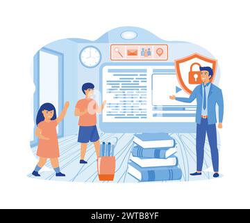 Father using content control software. Dad provides safe internet for children. flat vector modern illustration Stock Vector