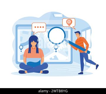 GPS navigation concept. Tiny people search on location. Online map. We have moved. flat vector modern illustration Stock Vector