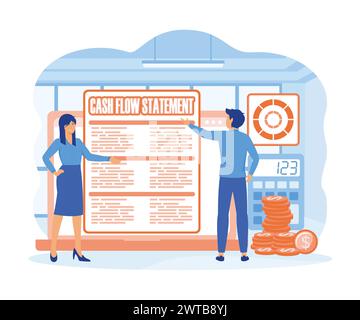 Cash flow statement Businesswoman and businessman checking cash flow statement on laptop together. flat vector modern illustration Stock Vector