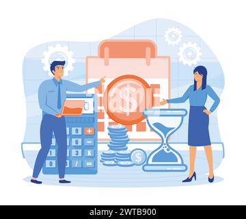 Payment date concept. People are standing near to a calendar with a due date. flat vector modern illustration Stock Vector