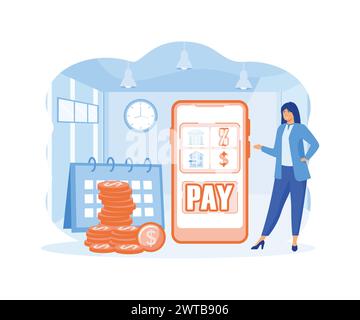 Payment date concept. Woman with payment schedule pay money for interest rate, fees, principal and financial bills by month period. flat vector modern Stock Vector