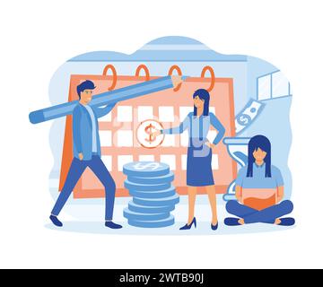 Payment date concept. People are standing near to a calendar with a due date. flat vector modern illustration Stock Vector