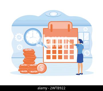 Payday date concept. Woman check pay schedule or payroll. flat vector modern illustration Stock Vector