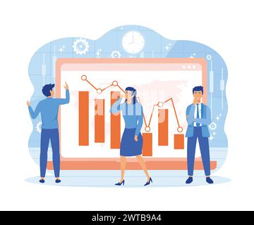 Panicking people in front of monitor with graph of falling stock prices. Conceptual business story. Financial crisis, economic recession, bankruptcy, Stock Vector