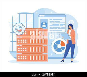 Big data tools concept. Woman standing near server rack analyzing big data tools. flat vector modern illustration Stock Vector