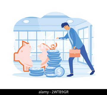 Bankruptcy business concept. Sad businessman with broken piggy bank. Man with financial crisis and bankruptcy of company. flat vector modern illustrat Stock Vector