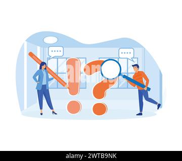 Frequently asked questions or problem solving, solution or support idea concept, businessman and woman with exclamation mark, question mark with speec Stock Vector