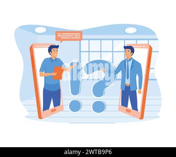 Confused man asking to online support center via smartphone. Frequently asked questions. Exclamation and question marks. flat vector modern illustrati Stock Vector