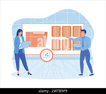 People send files for business. Sharing file, data transfer, transfer of documentation, cloud service, file management, electronic document management Stock Vector