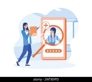 Job recruitment process, Reading CV and giving job candidate review. Character applying for work position. flat vector modern illustration Stock Vector