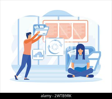 File sharing concept. men and women transfer files in encrypted form, transfer documentation. flat vector modern illustration Stock Vector