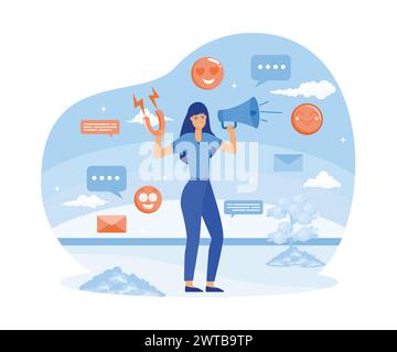 Social media influencer. woman holding megaphone and magnet. Different social media icons. flat vector modern illustration Stock Vector