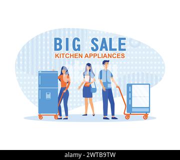Big Sale of kitchen appliances, happy buyers at the sale of equipment. flat vector modern illustration Stock Vector