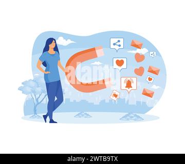 Social media influence concept. Influence marketing. Woman with big magnet influencing people. flat vector modern illustration Stock Vector