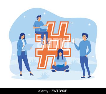 Hashtag concept. people using laptop for sending posts and sharing them in social media. flat vector modern illustration Stock Vector