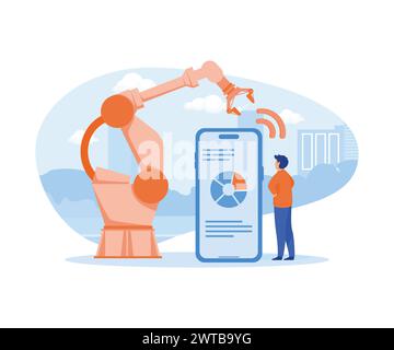 Smart industry concept. man standing near smart phone and robot arm, industrial factory. flat vector modern illustration Stock Vector