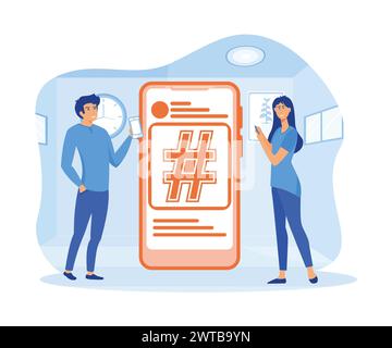 Hashtag concept. Hashtag and young people using social media, websites and smart phone applications. Stock Vector