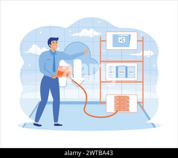 Share file concept. Man sharing file. Data transfer, transfer of documentation, cloud service, file management, electronic document management. flat v Stock Vector