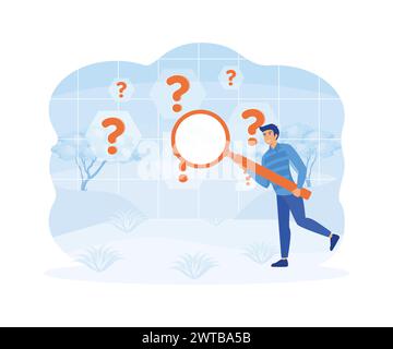 Man holding magnifying glass and looking through it at interrogation points. Concept of frequently asked questions, query, investigation, search for i Stock Vector