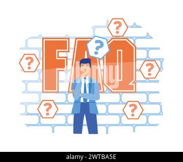 Thinking man with question mark. Confused, doubts, curious. Frequently Asked Questions. flat vector modern illustration Stock Vector