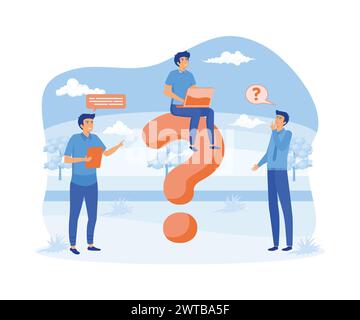 Business people ask questions using laptop, phone, look for answers around large question mark. Concept of frequently asked questions, information ret Stock Vector