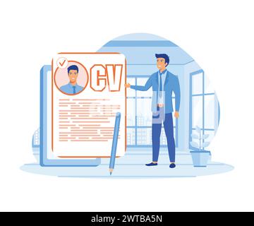 Job recruitment process, Searching job candidate and reading CV. Character applying for work position. flat vector modern illustration Stock Vector