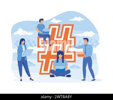 Hash tag concept. people using mobile tablet and smart phone for sending posts and sharing them in social media. flat vector modern illustration Stock Vector