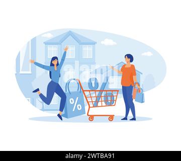 Big discount concept. Happy people with Shopping basket and Shopping Bags, discount, Online Shopping. flat vector modern illustration Stock Vector