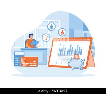 Utility bills concept. Man checking and paying utility bills online on his computer. flat vector modern illustration Stock Vector
