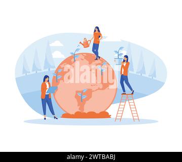 Ecology concept. People take care about planet ecology. Globe with trees, plants and volunteer people. flat vector modern illustration Stock Vector