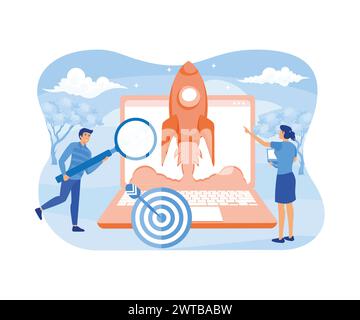 Search Engine Optimization concept. Market research Website coding, internet search optimization presentation, social media, documents. flat vector mo Stock Vector