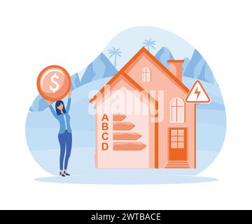 Energy efficiency in household and industry. Woman checks heating meter and calculates household utility bill. flat vector modern illustration flat ve Stock Vector