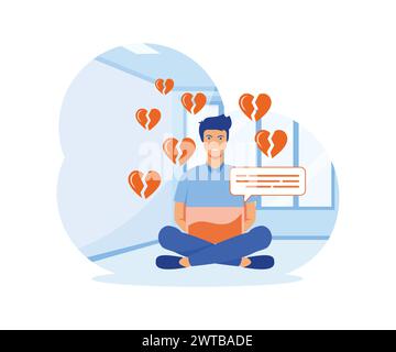 Online dating and chatting. Aggressive man sits cross-legged with a cell phone with broken hearts. flat vector modern illustration Stock Vector