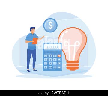 Energy consumption concept. Man using energy efficient devices, paying less and saving money. flat vector modern illustration Stock Vector
