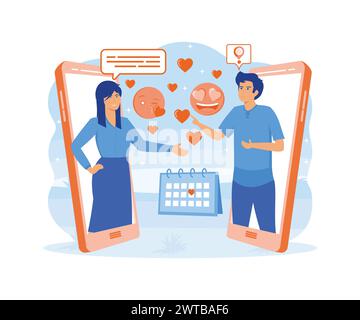 Online dating concept. Man and woman lovers couple texting messages chatting via online video call in mobile phone dating app. flat vector modern illu Stock Vector