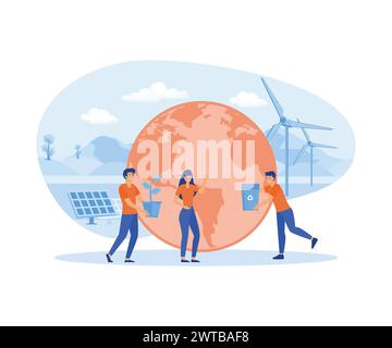 Ecology concept. Eco friendly people with Earth globe, saving planet, protecting and caring about environment. flat vector modern illustration Stock Vector