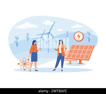 Ecology concept. Green energy to clean environment. Two woman standing near wind turbines, solar panels. flat vector modern illustration Stock Vector