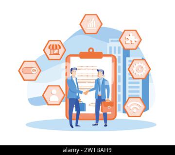 Contract agreement concept. Business people standing on a signed contract. flat vector modern illustration Stock Vector