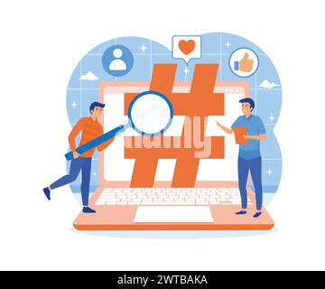 Social media marketing concept. laptop with hash tag sign, small people and social networks. flat vector modern illustration Stock Vector