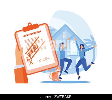 Approved Loan concept. Hand holds loan approval application paper sheets document. Mortgage or credit form with stamp approved and happy person jumpin Stock Vector