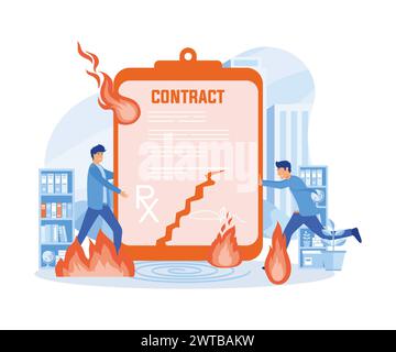 Contract agreement concept. Vector concept of termination of an agreement. Two man on suit tearing contract. Businessman in workspace. flat vector mod Stock Vector