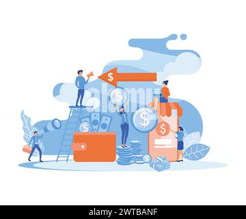 Financial transactions, non cash payment transactions. Pos terminal and payment systems, currency, coins, NFC payment system. flat vector modern illus Stock Vector