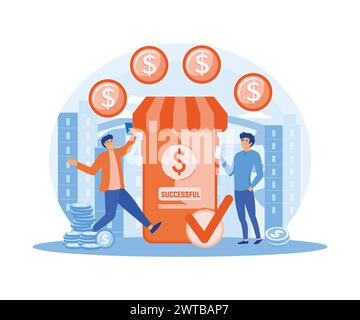 Sent money, coins, cash to electronic account on Internet to man. Banking services on web site. Successful transaction. flat vector modern illustratio Stock Vector