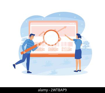 Search Engine Optimization concept. Market research Website coding, internet search optimization presentation, social media, documents. flat vector mo Stock Vector