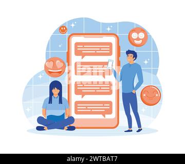 Dating app and virtual relationship. Woman is sitting at her laptop and chatting with handsome man with huge phone. flat vector modern illustration Stock Vector