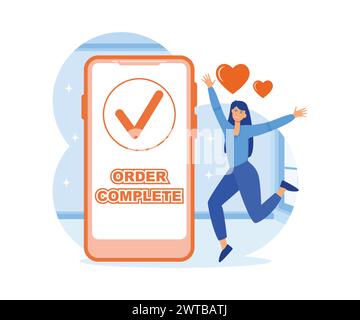 Order confirmation concept. Woman shows successful purchase in online store. flat vector modern illustration Stock Vector