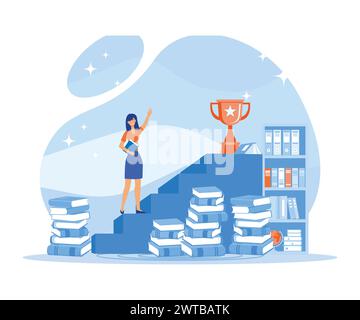 Success Business concept. Businesswoman climbing ladder to golden trophy. flat vector modern illustration Stock Vector