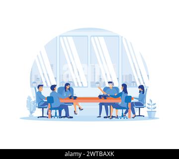 Business Meeting concept. People congratulating colleague with business achievements. Boss praise best employee, team applaude at office meeting. flat Stock Vector