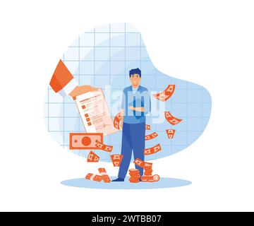 Approved Loan concept. Joyful businessman man with letter and money show thumbs up. flat vector modern illustration Stock Vector